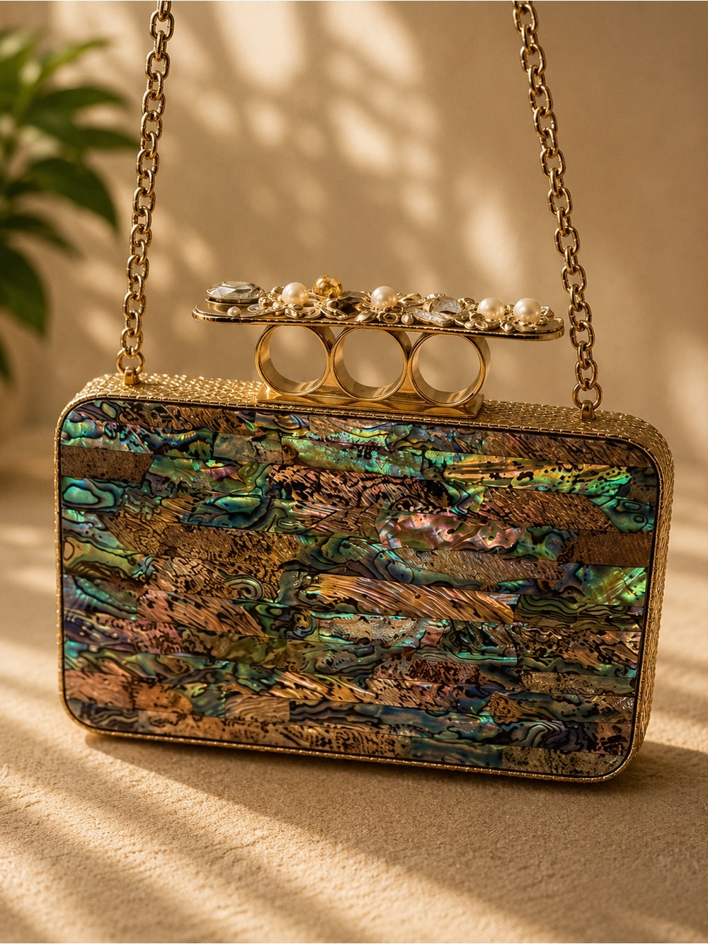 Pearlescent Abalone Box Clutch with Gold Knuckle Handle